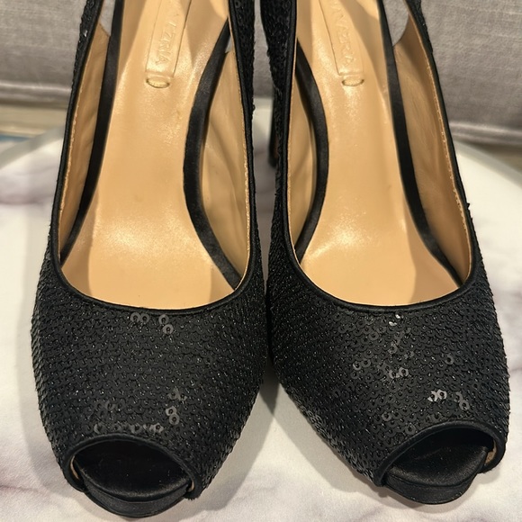 BCBG heels - black sequin slingback platform shoes peep toe size 8.5. Stiletto - Picture 3 of 17